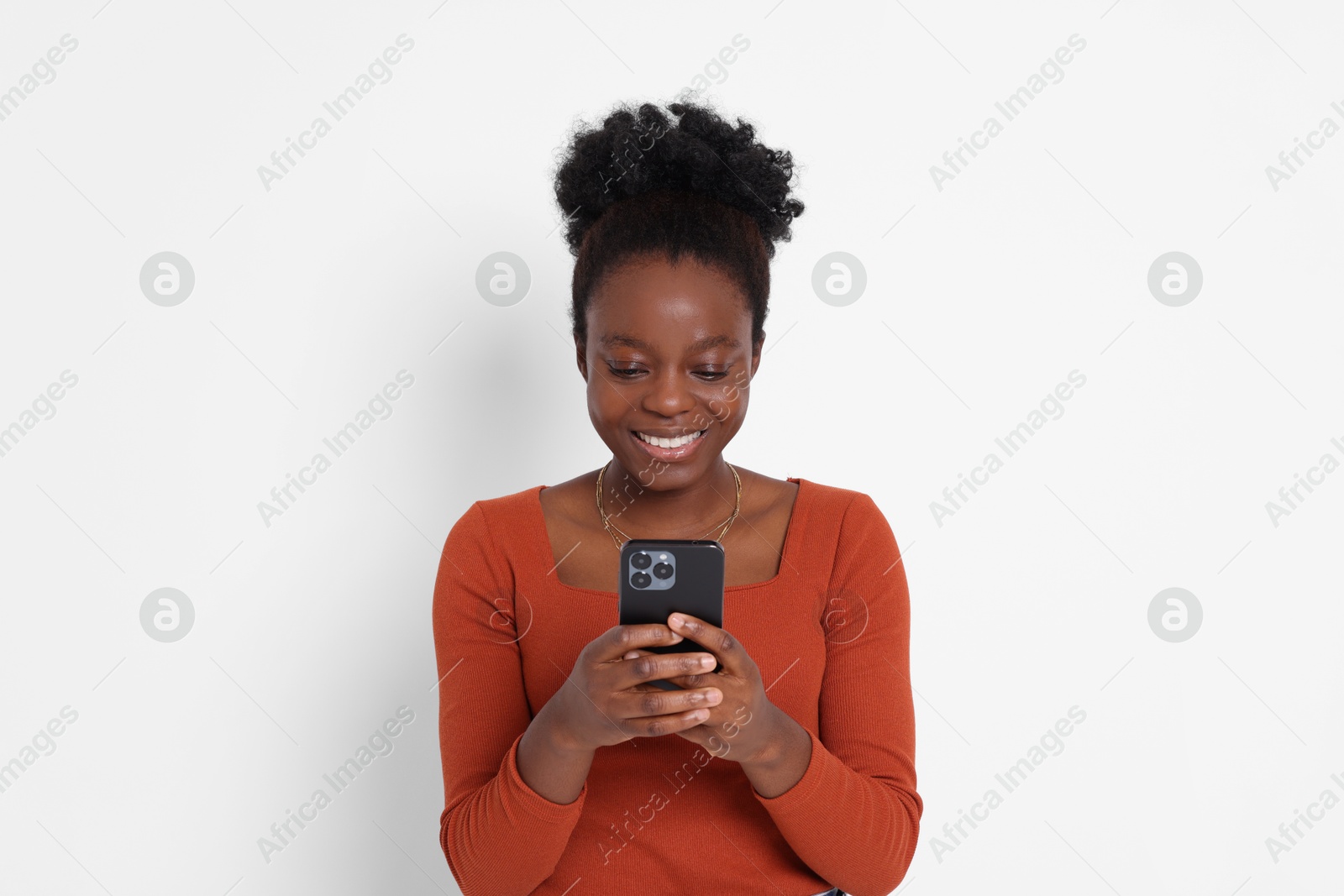 Photo of Happy woman with smartphone on white background