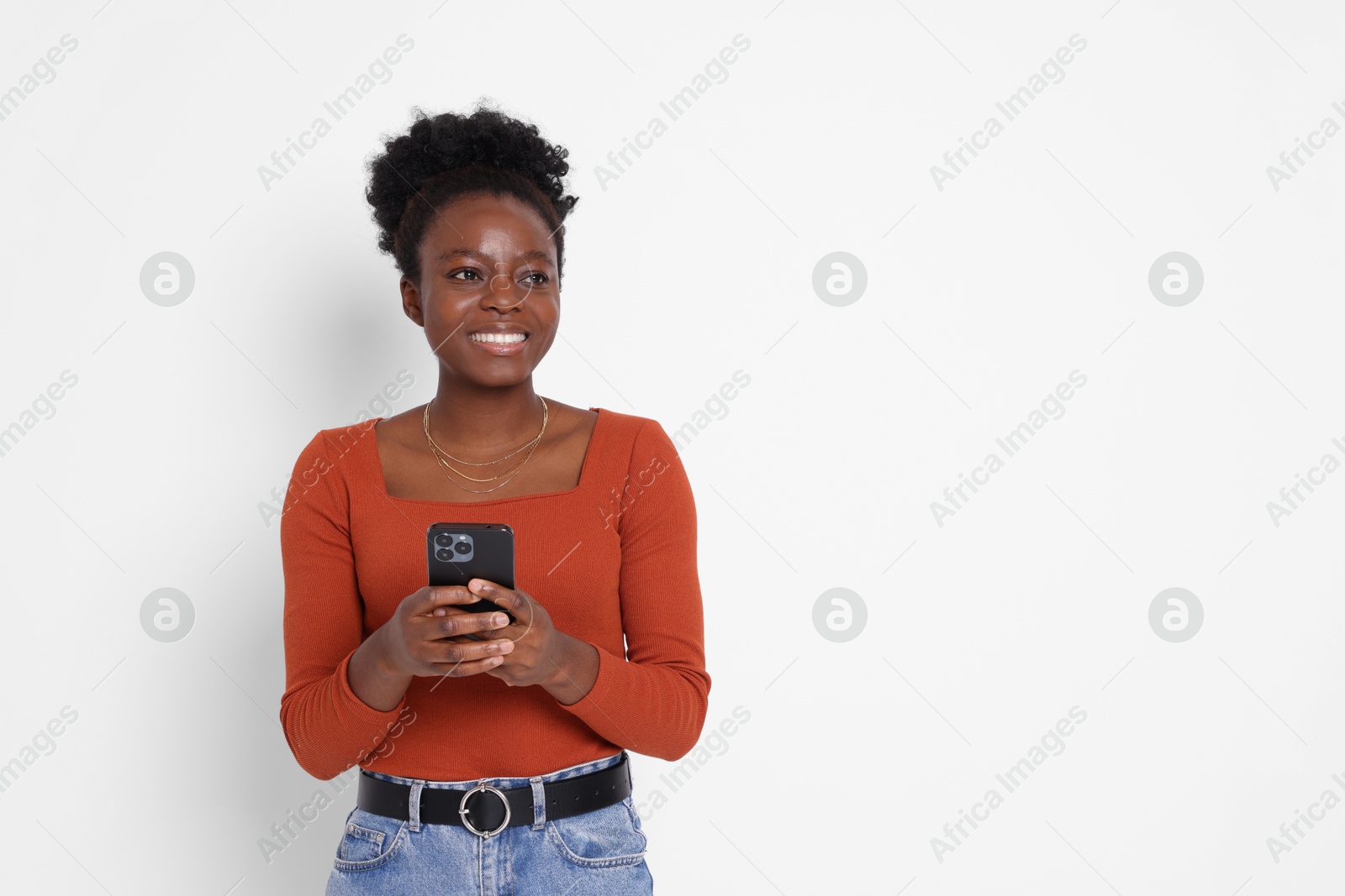 Photo of Happy woman with smartphone on white background. Space for text