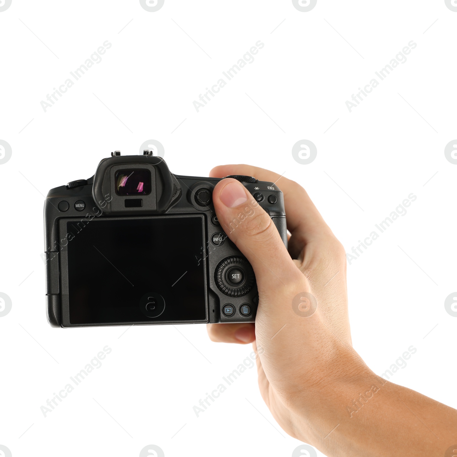 Photo of Photographer with professional camera on white background, closeup