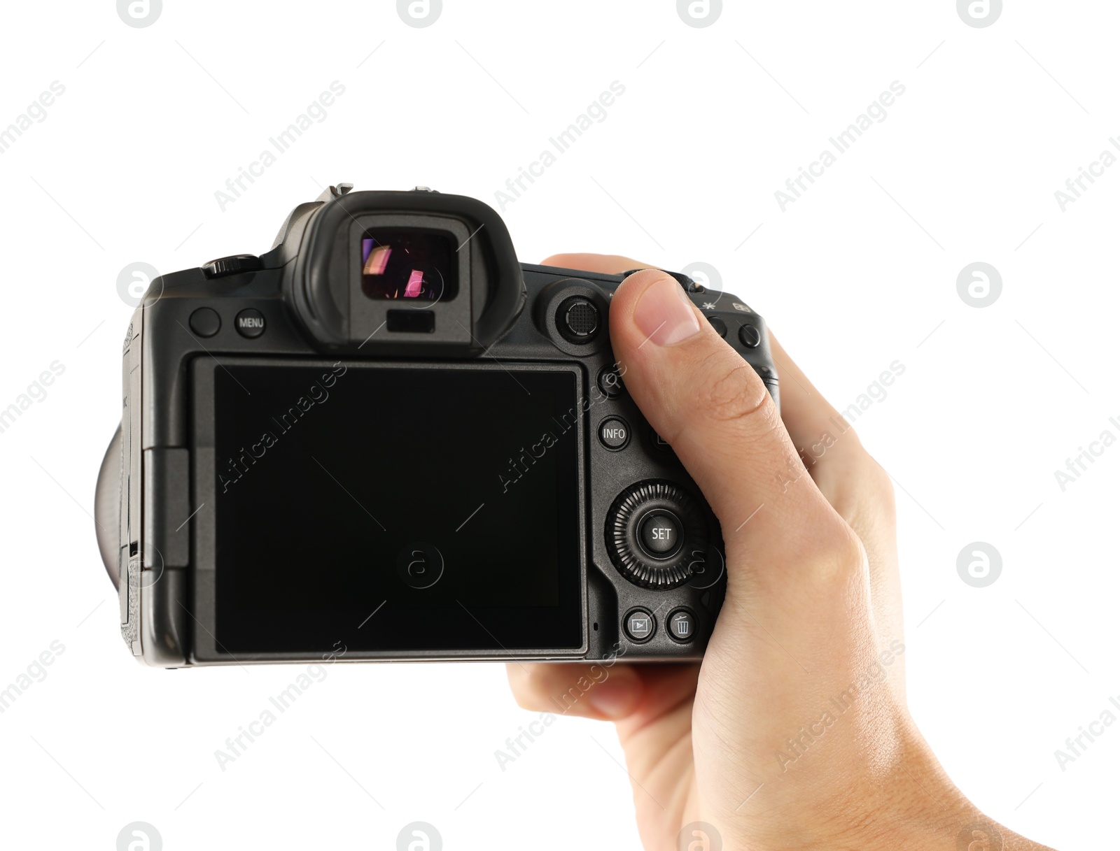 Photo of Photographer with professional camera on white background, closeup