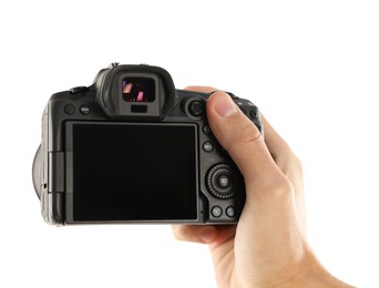 Photo of Photographer with professional camera on white background, closeup