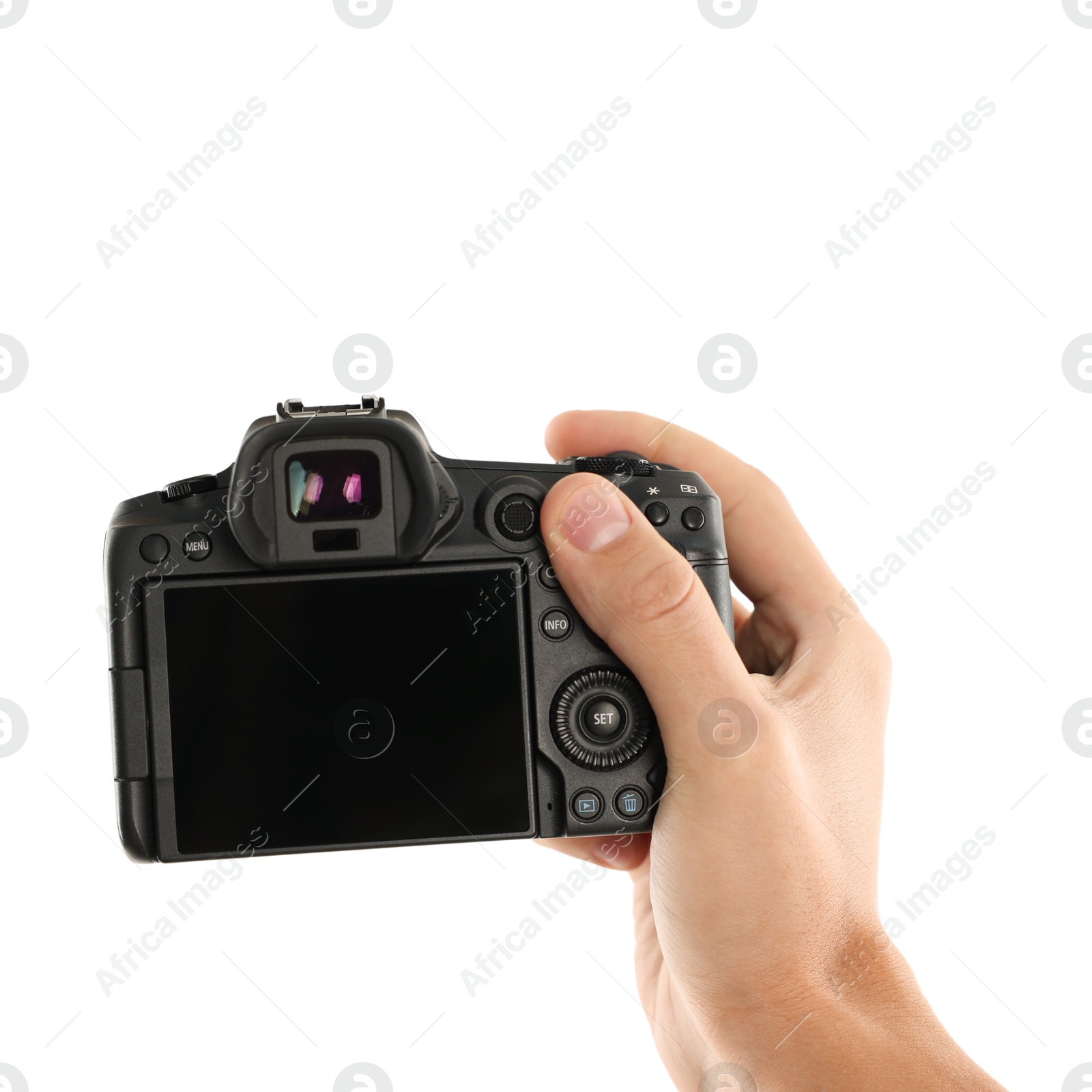 Photo of Photographer with professional camera on white background, closeup