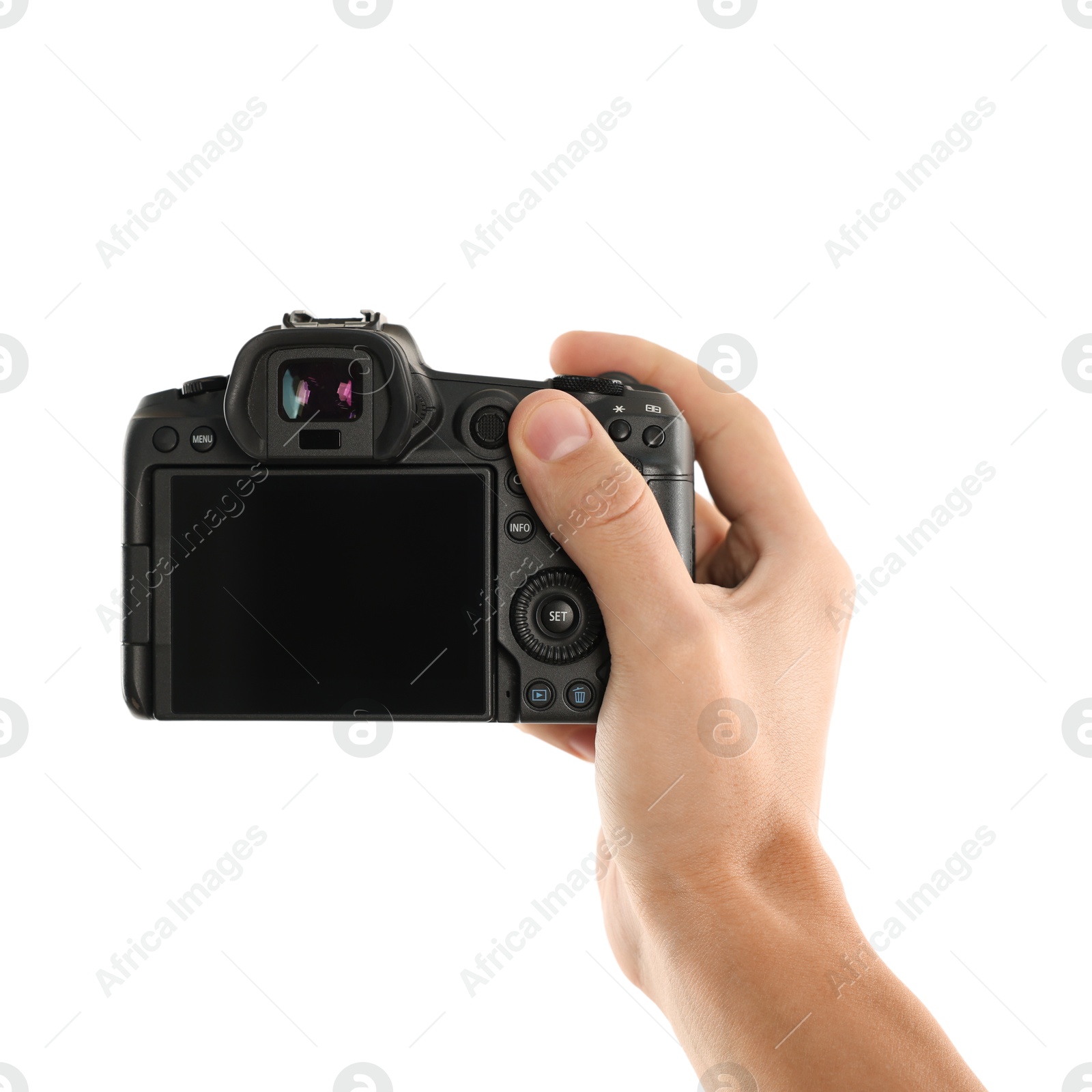 Photo of Photographer with professional camera on white background, closeup