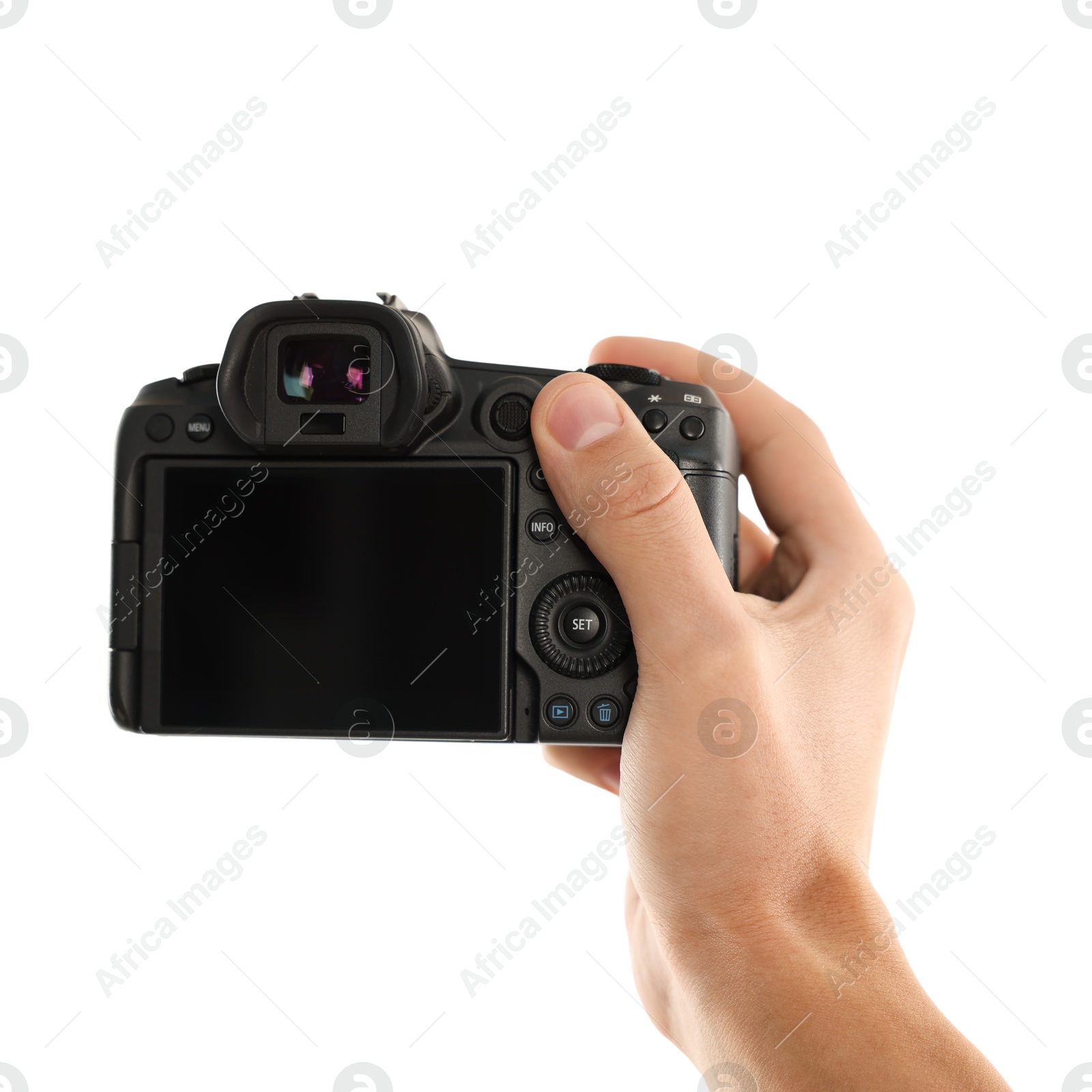 Photo of Photographer with professional camera on white background, closeup