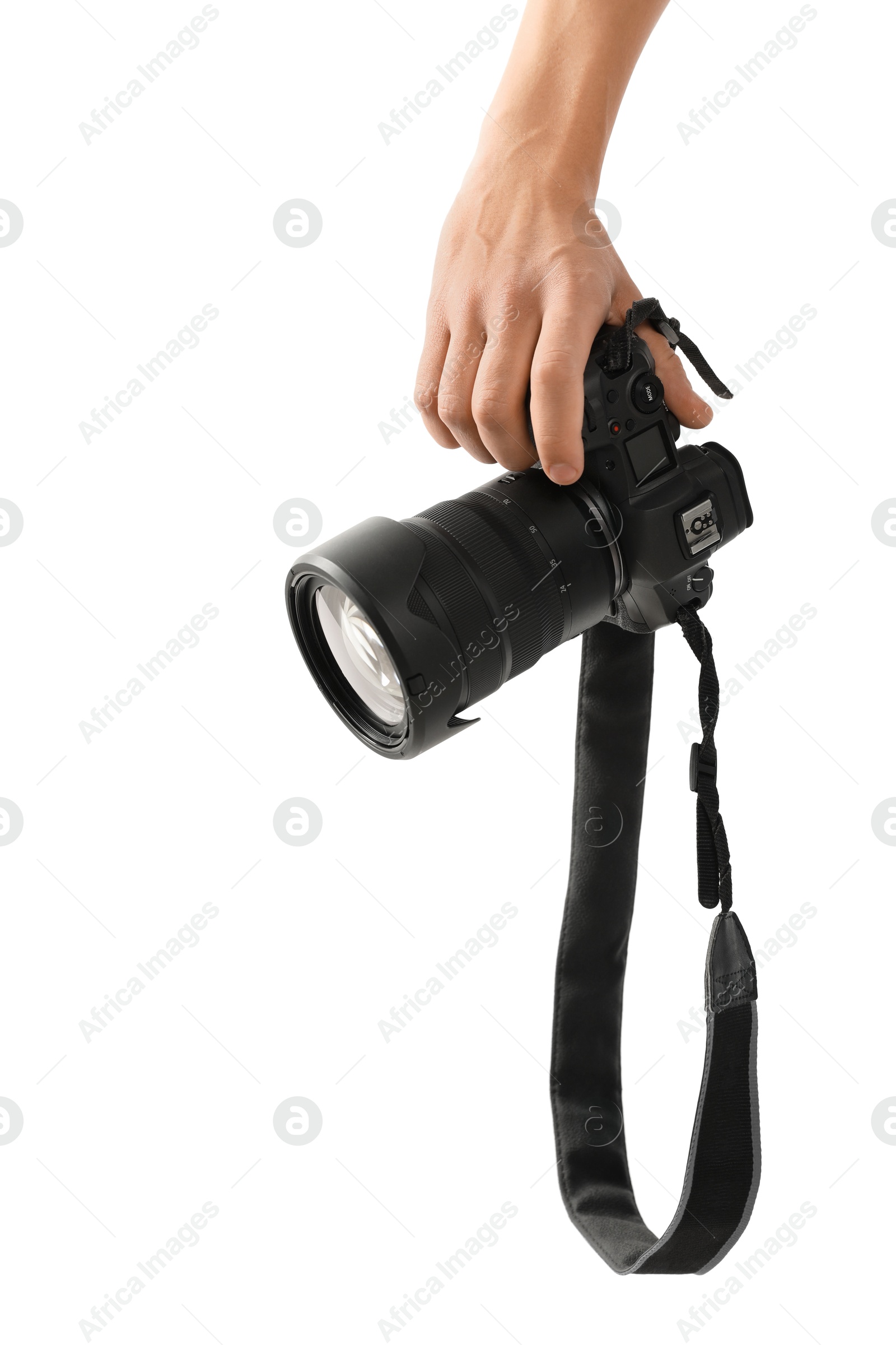 Photo of Photographer with professional camera on white background, closeup