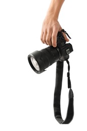 Photo of Photographer with professional camera on white background, closeup