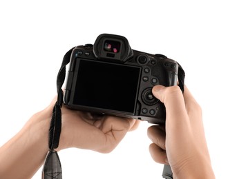 Photo of Photographer with professional camera on white background, closeup