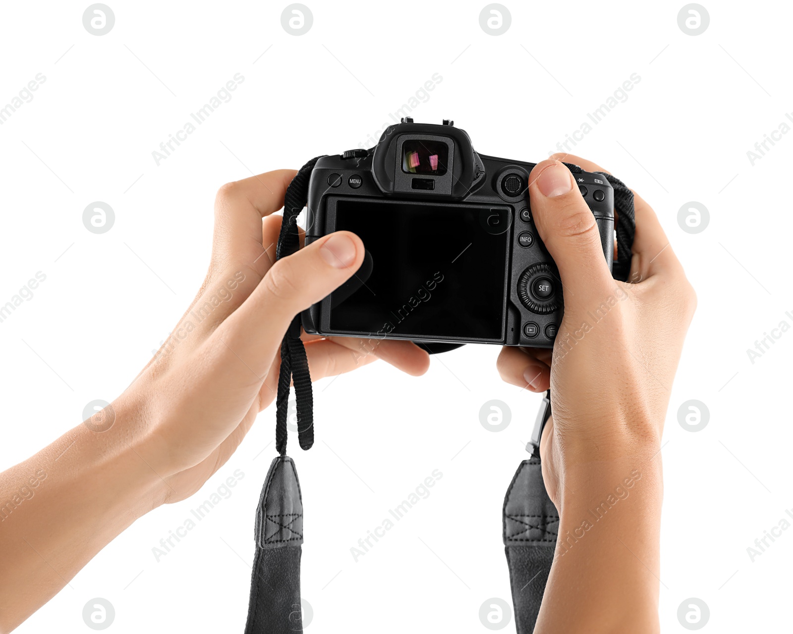 Photo of Photographer with professional camera on white background, closeup