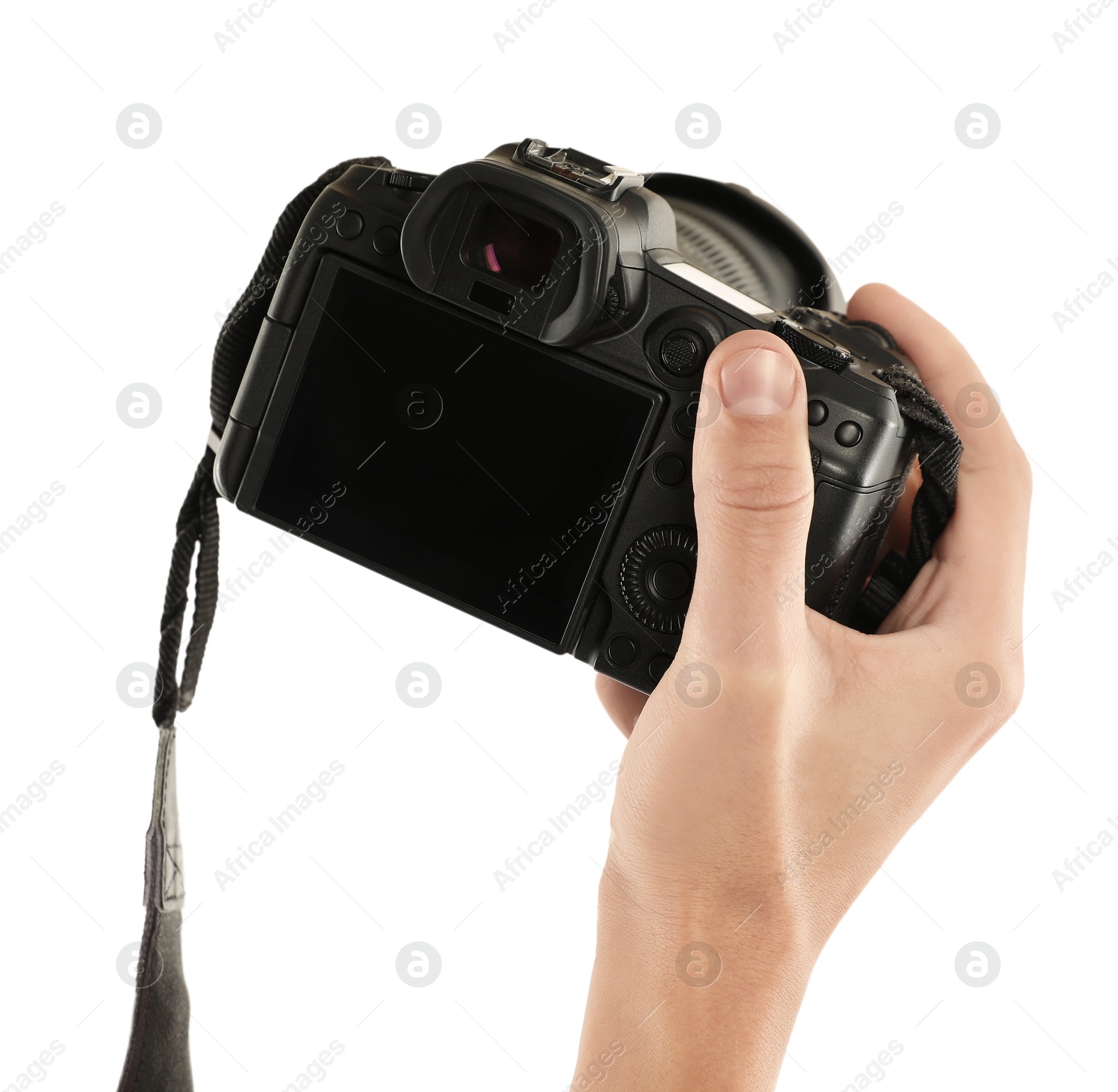 Photo of Photographer with professional camera on white background, closeup