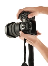 Photo of Photographer with professional camera on white background, closeup