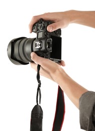 Photo of Photographer with professional camera on white background, closeup