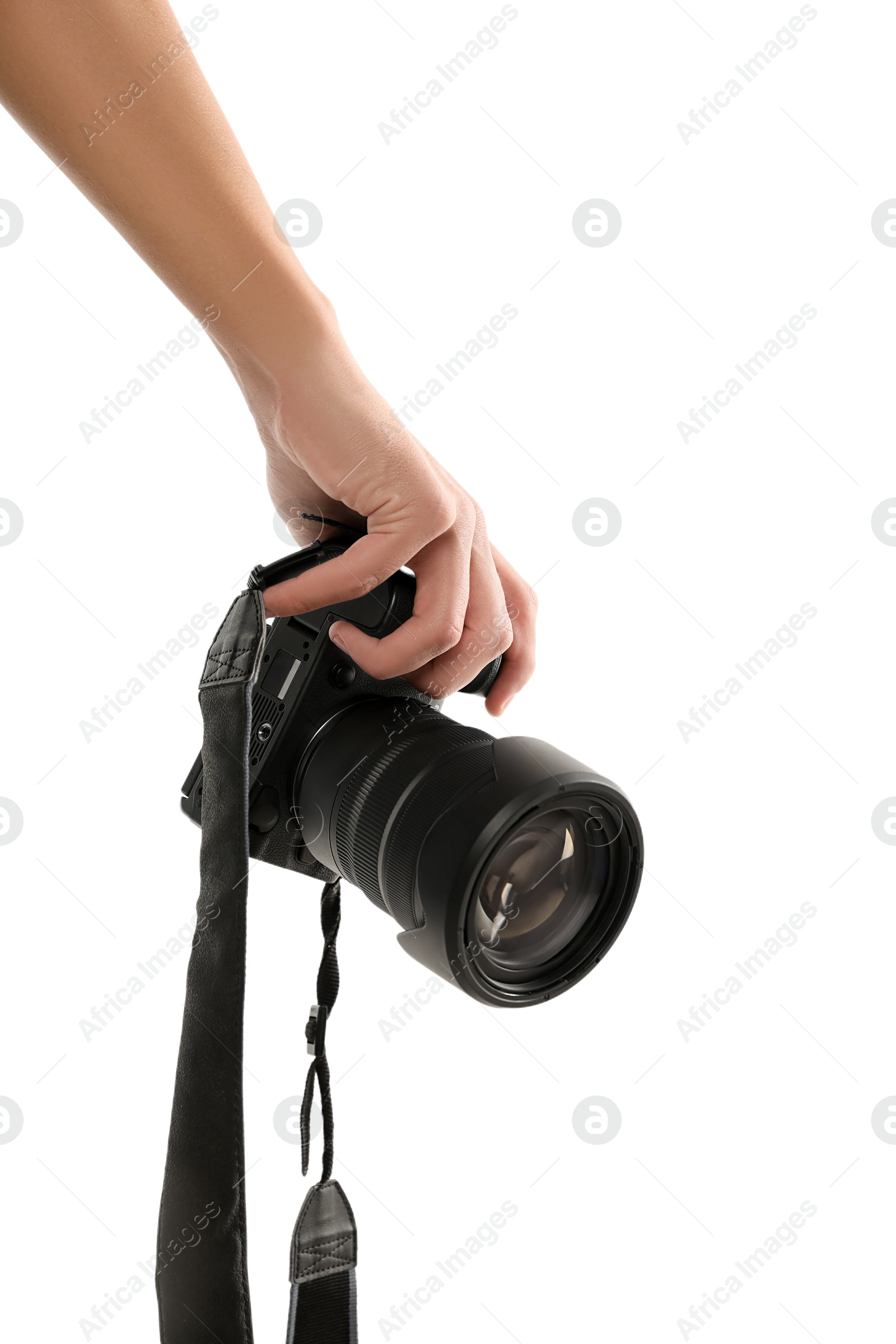 Photo of Photographer with professional camera on white background, closeup