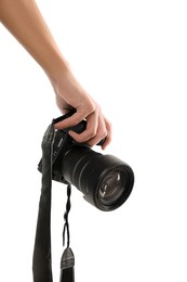 Photo of Photographer with professional camera on white background, closeup