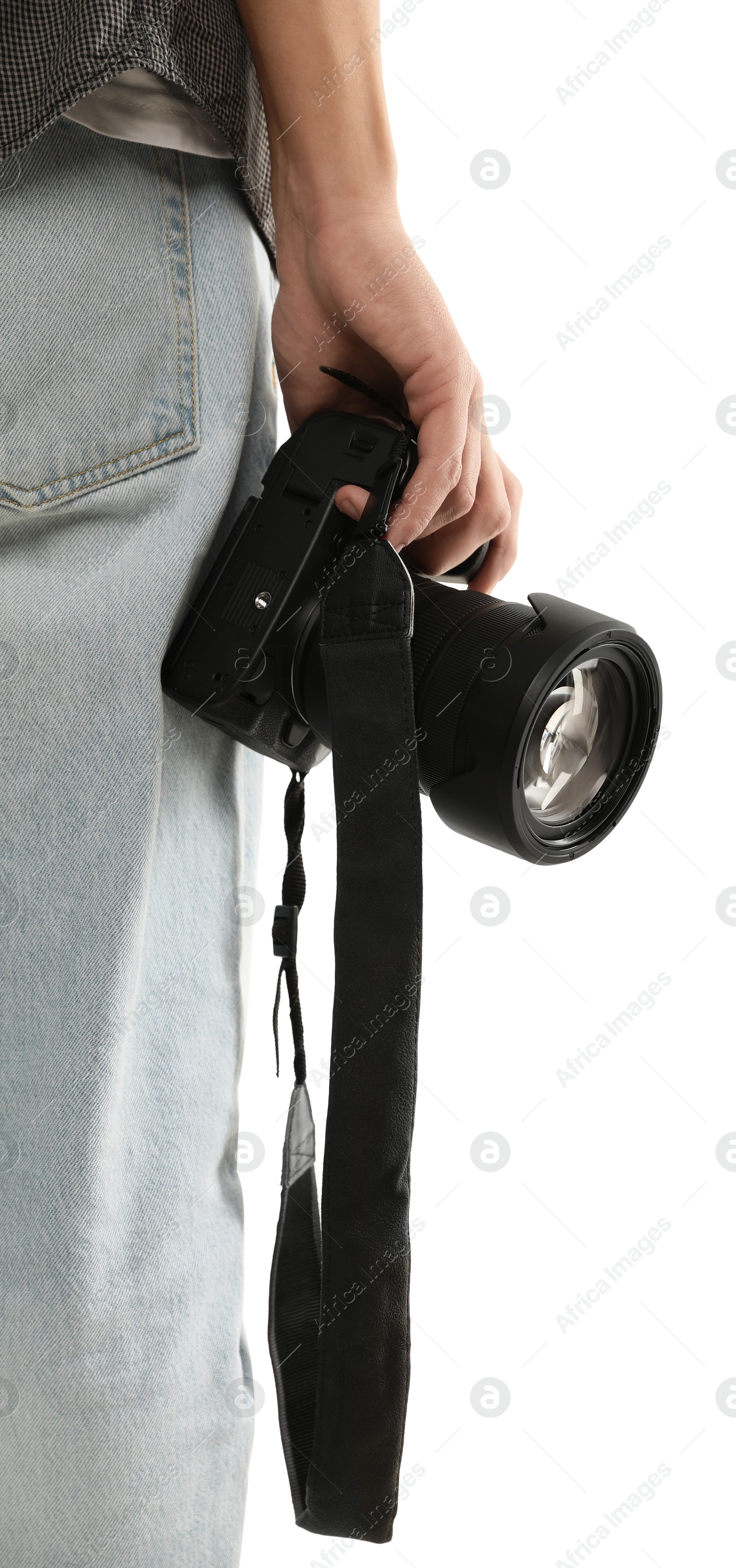 Photo of Photographer with professional camera on white background, closeup