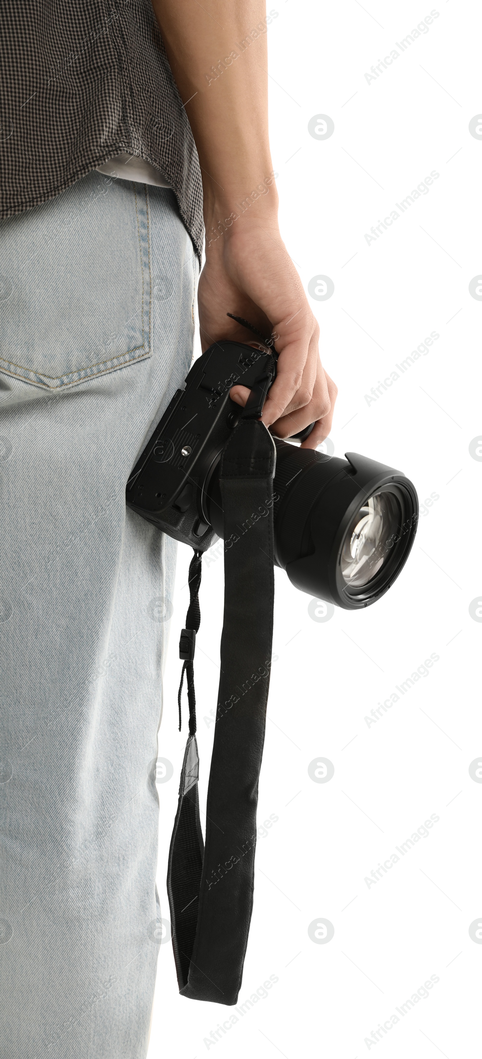 Photo of Photographer with professional camera on white background, closeup