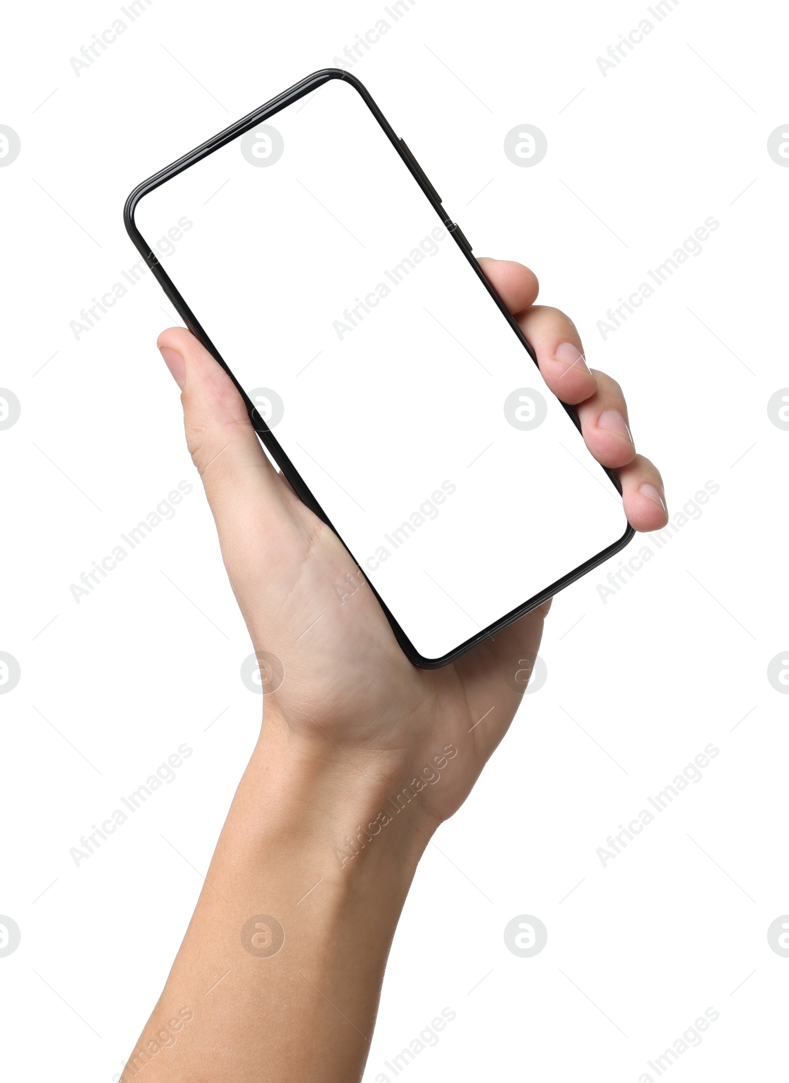 Photo of Man with modern smartphone on white background, closeup