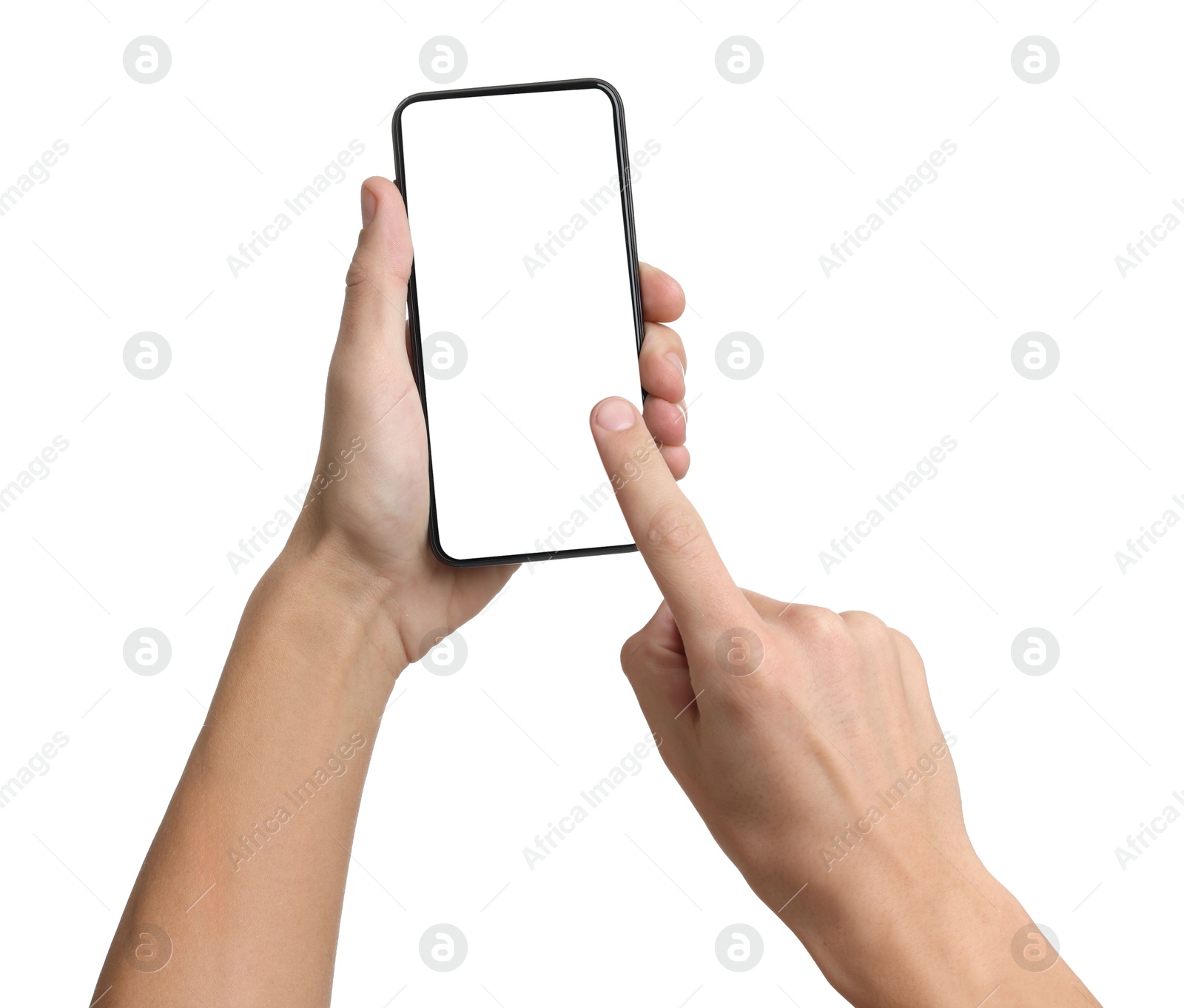 Photo of Man with modern smartphone on white background, closeup