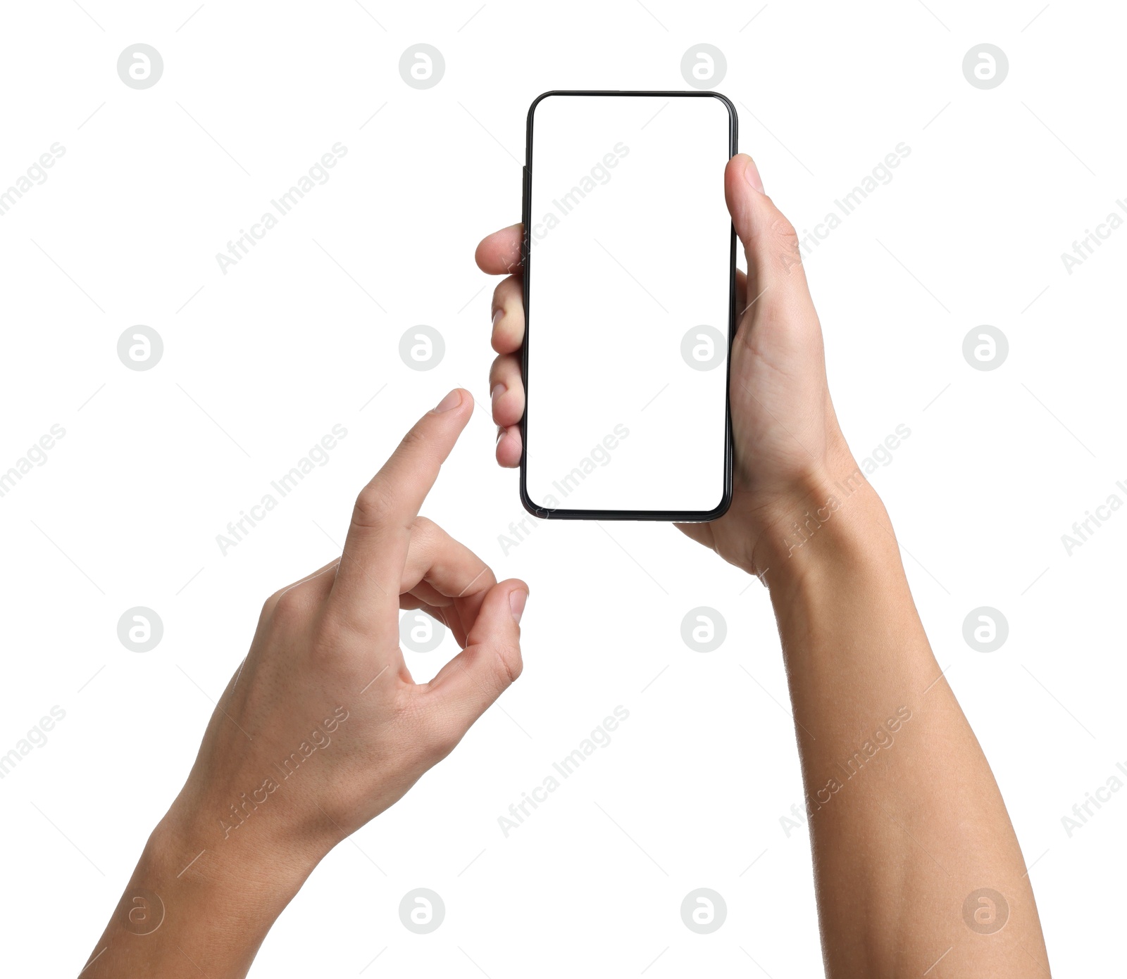 Photo of Man with modern smartphone on white background, closeup