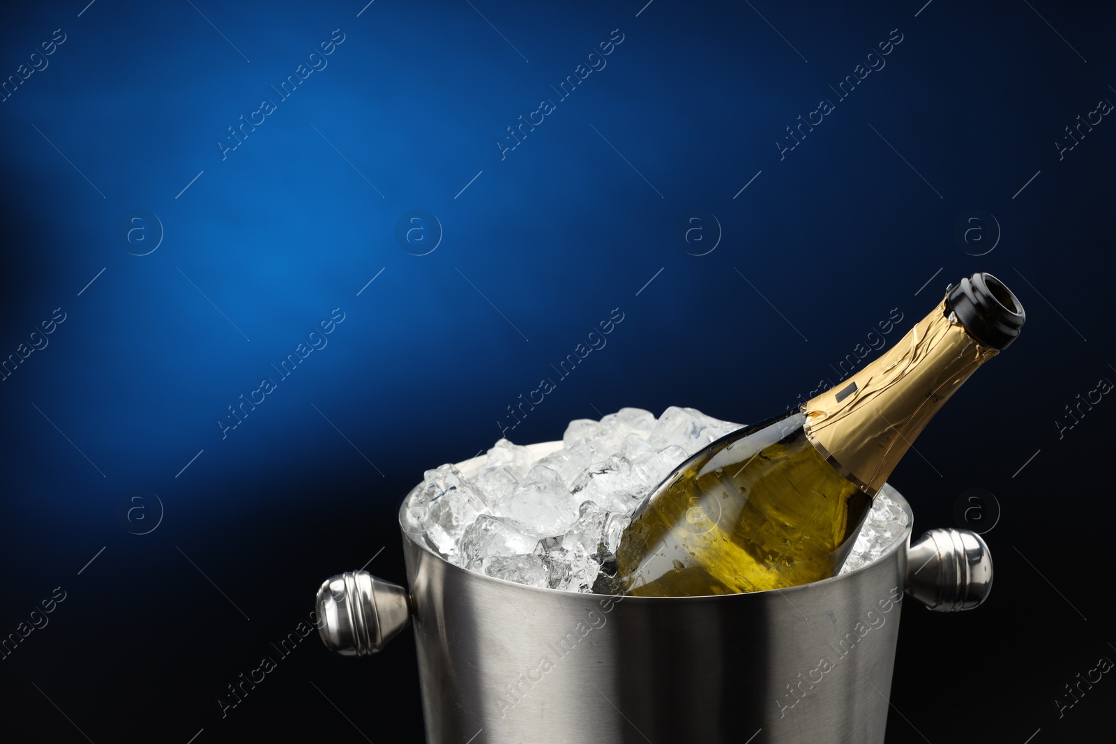 Photo of Bottle of sparkling wine in cooler bucket on blue background, closeup. Space for text