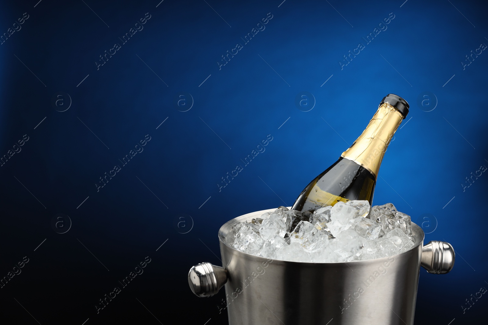 Photo of Bottle of sparkling wine in cooler bucket on blue background, closeup. Space for text