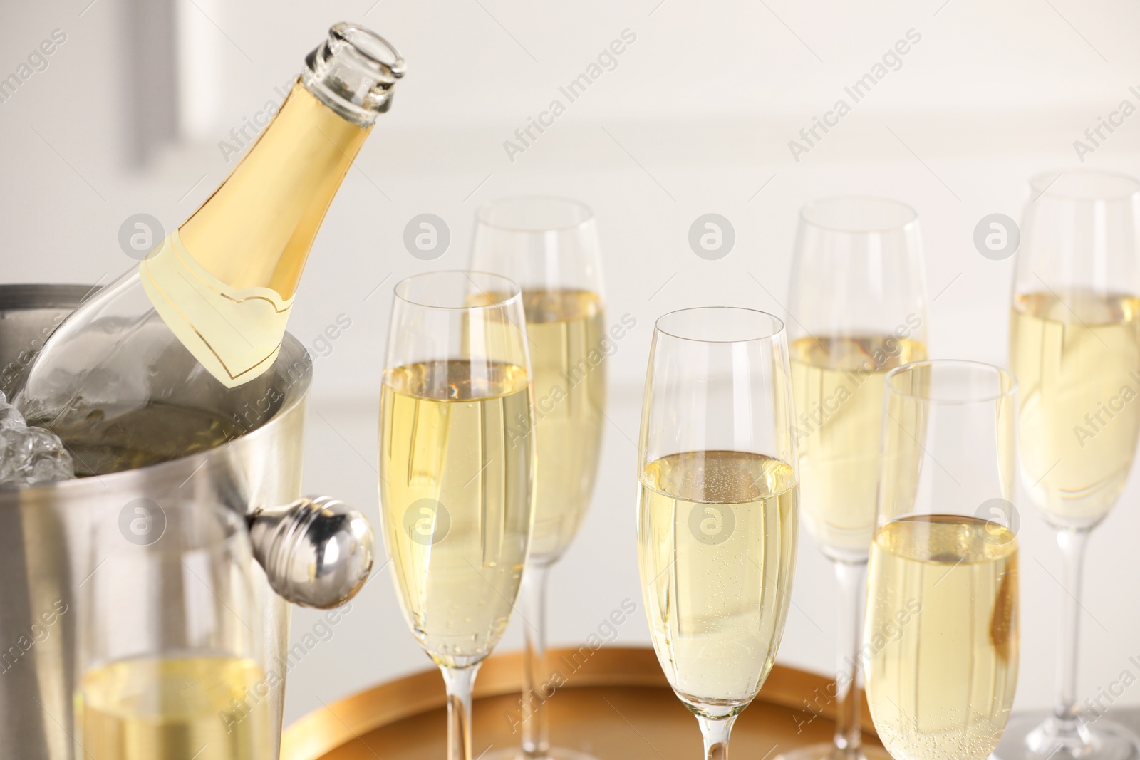 Photo of Bottle of sparkling wine in cooler bucket and glasses against light background, closeup