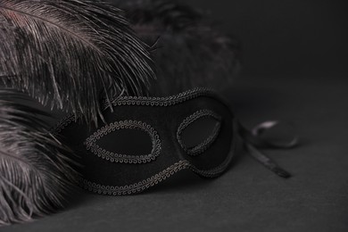 Photo of Beautiful carnival mask and feathers on black background, closeup