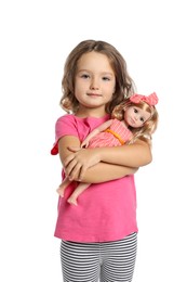 Photo of Cute little girl holding doll on white background