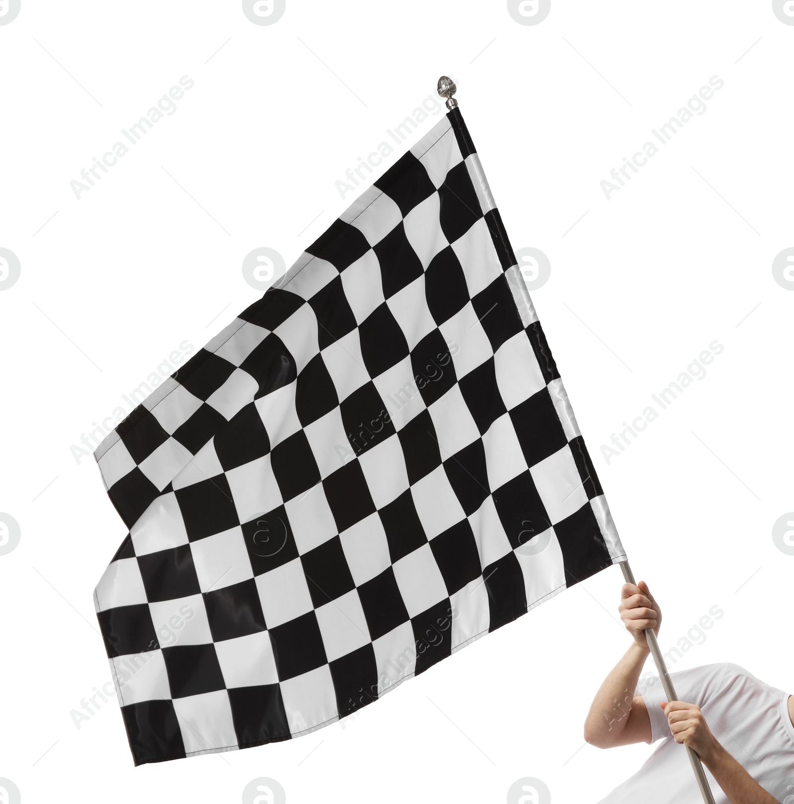 Photo of Woman with checkered flag on white background, closeup