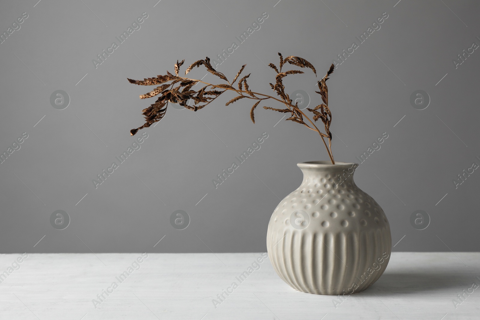 Photo of Stylish vase with dry branch on white table