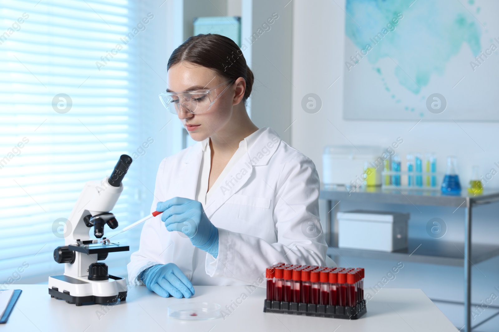 Photo of Laboratory testing. Doctor dripping blood sample onto glass slide while working with microscope at table indoors