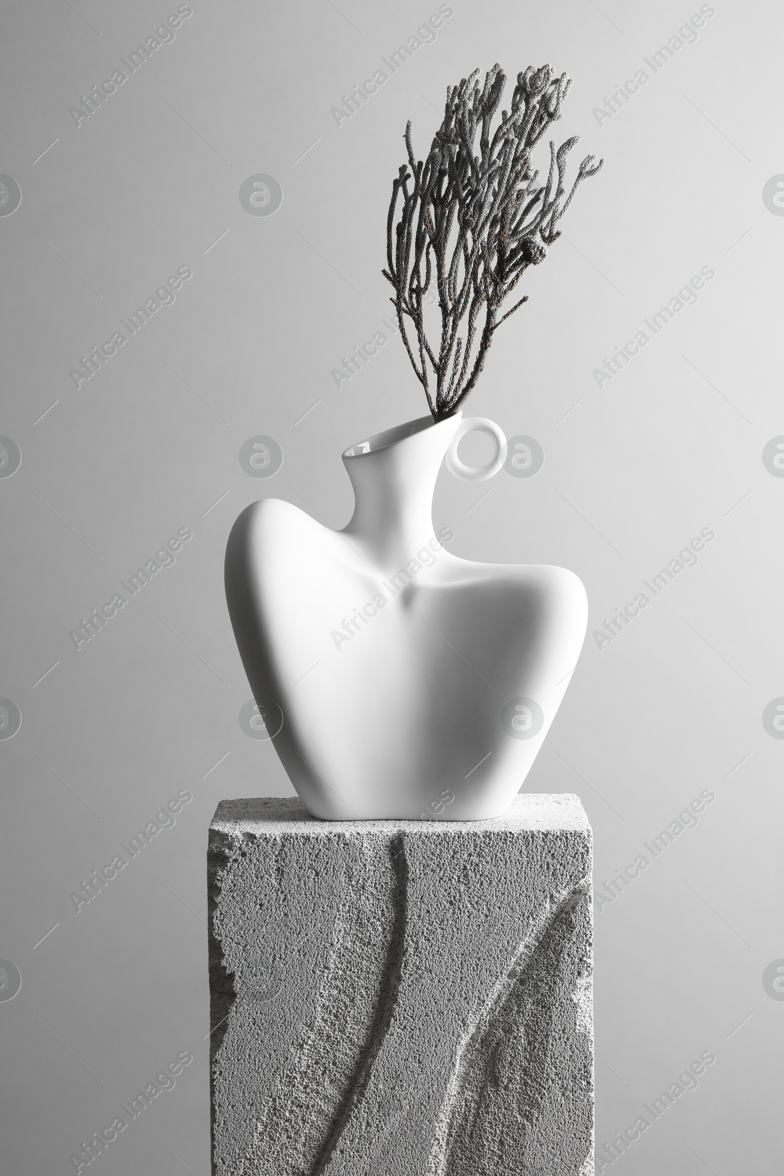 Photo of Vase with branches on concrete block against light grey background