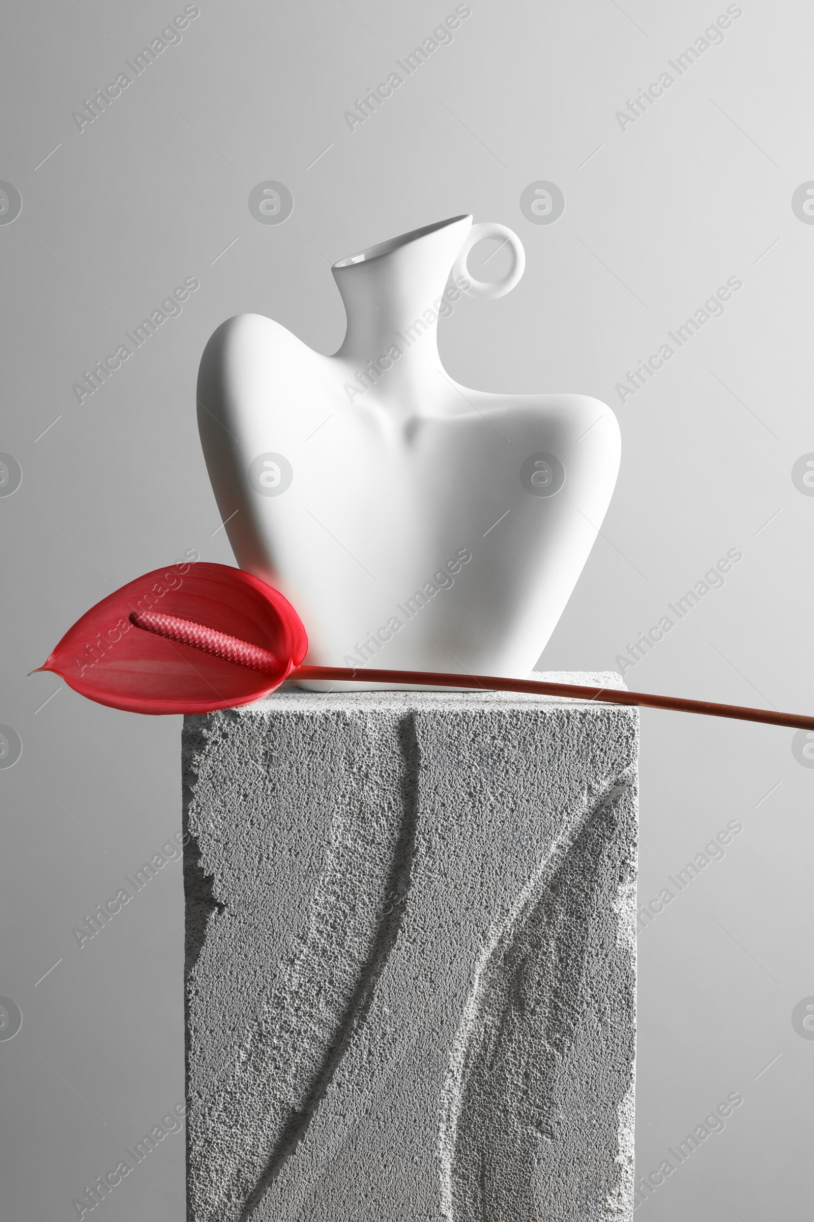 Photo of Stylish vase and tail flower on concrete block against light grey background