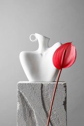 Photo of Stylish vase and tail flower on concrete block against light grey background