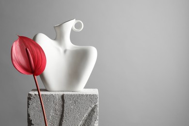 Photo of Stylish vase and tail flower on concrete block against light grey background, space for text