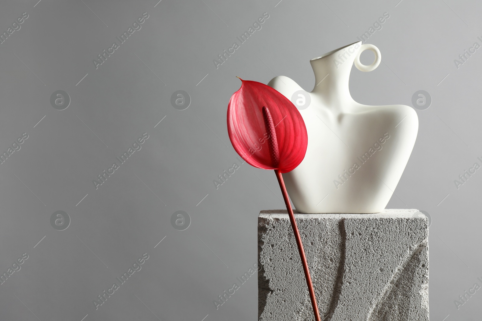 Photo of Stylish vase and tail flower on concrete block against light grey background, space for text