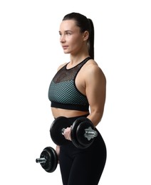 Photo of Beautiful woman in sportswear training with barbells on white background