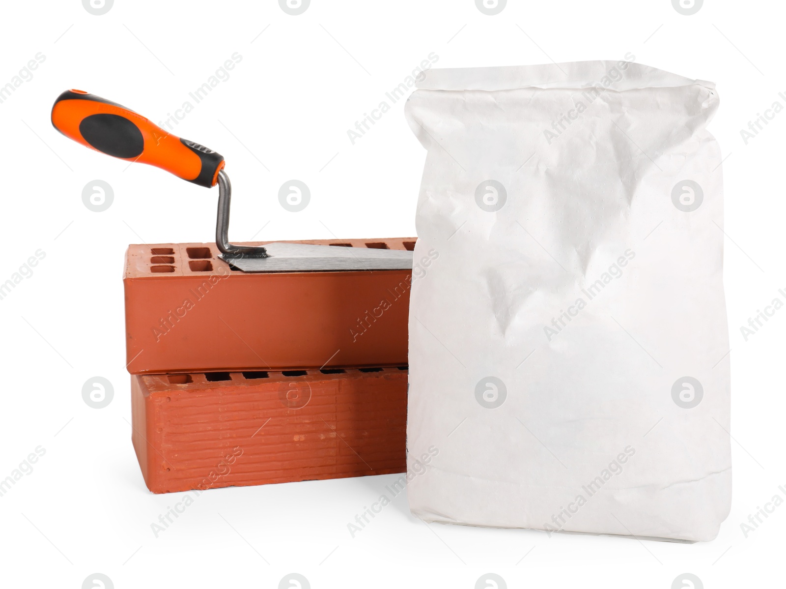 Photo of Construction materials and bucket trowel isolated on white