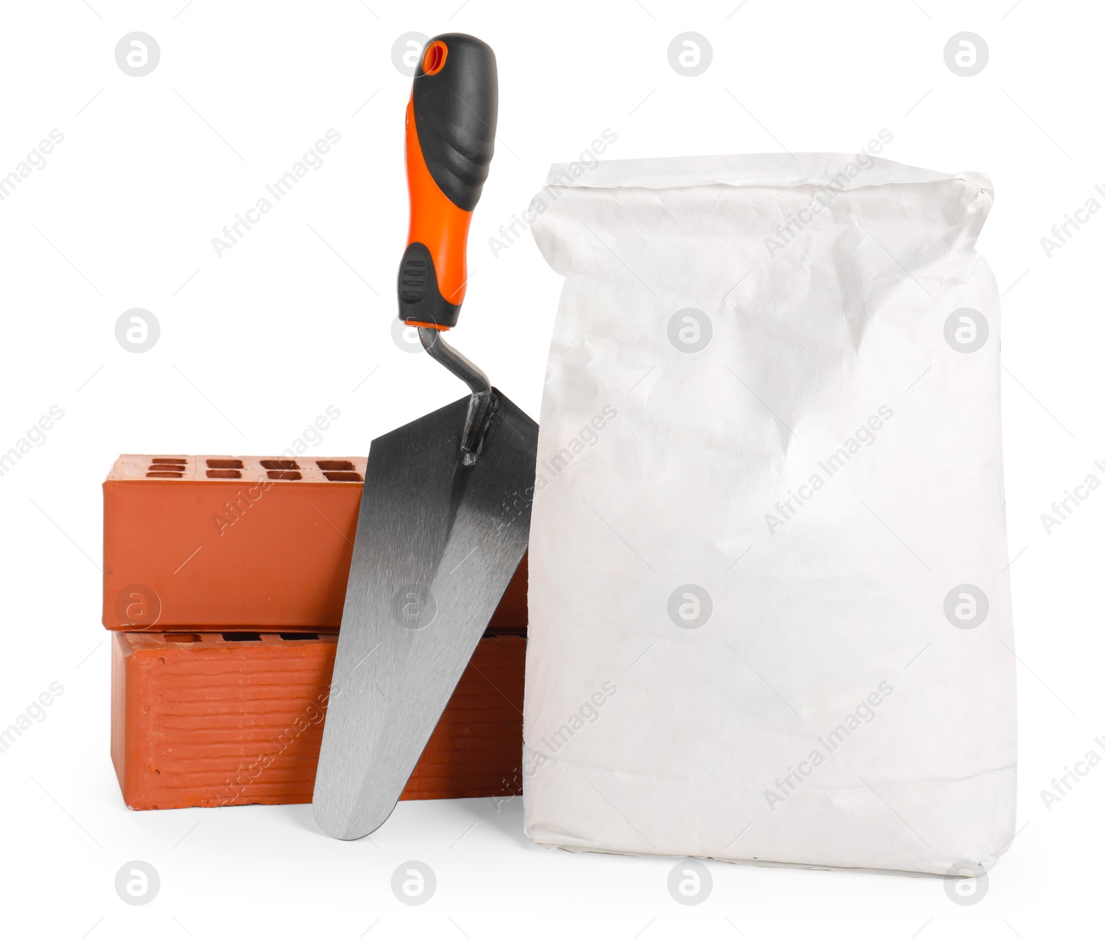 Photo of Construction materials and bucket trowel isolated on white