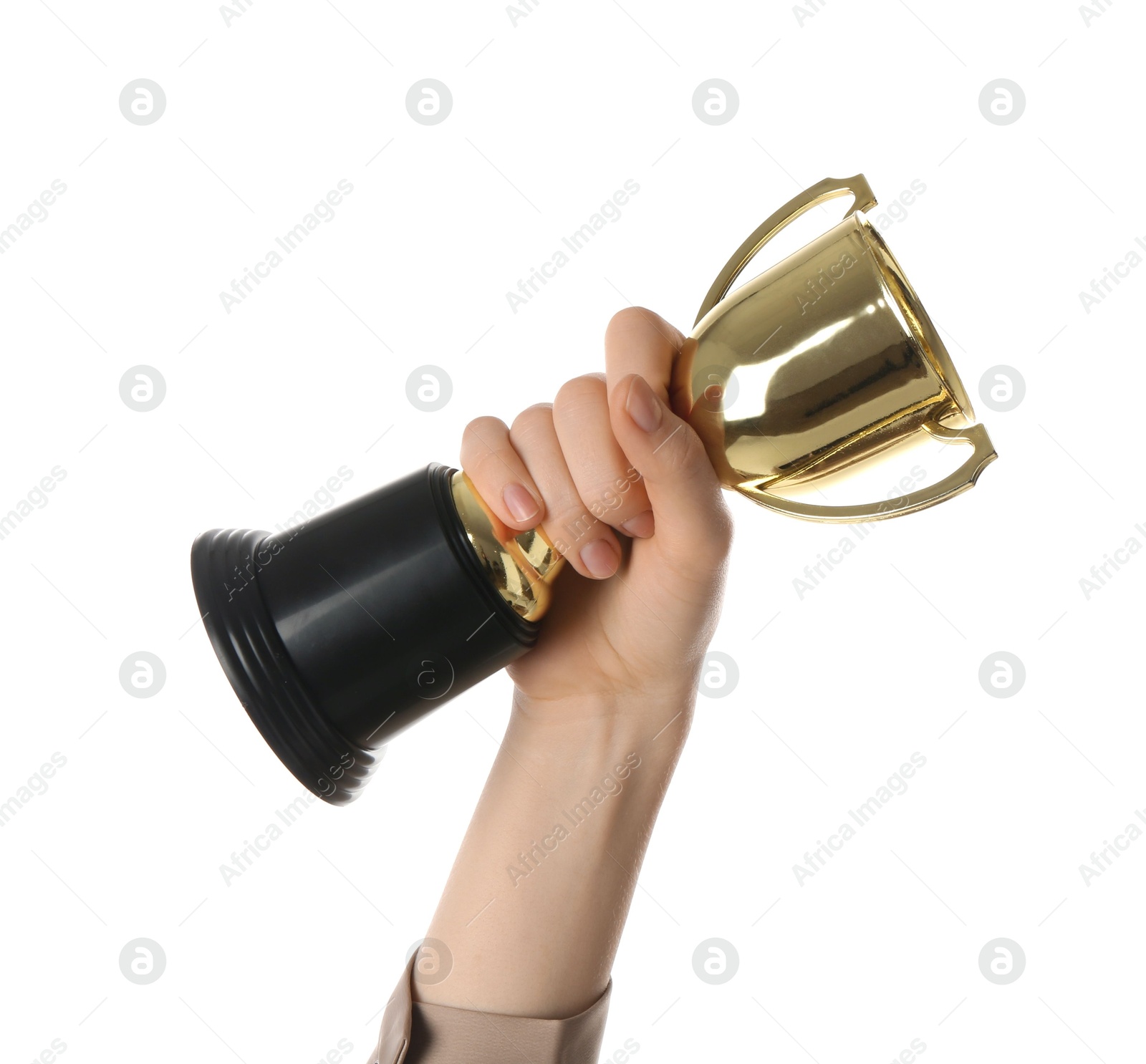 Photo of Woman with golden trophy cup on white background, closeup