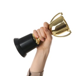 Photo of Woman with golden trophy cup on white background, closeup