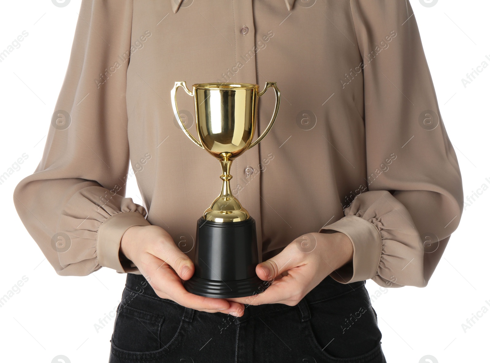 Photo of Woman with golden trophy cup on white background, closeup