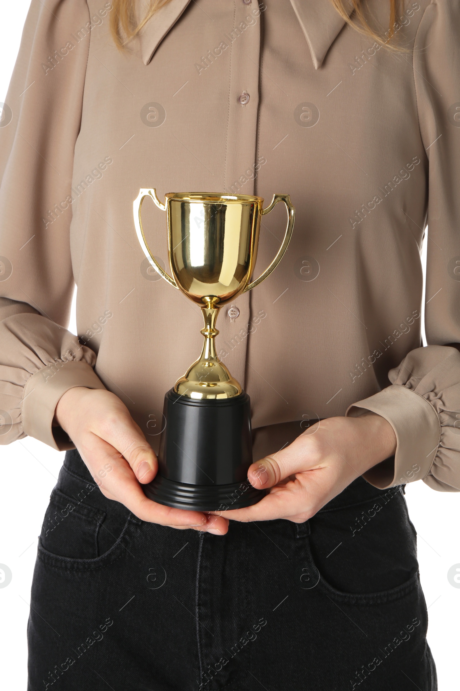 Photo of Woman with golden trophy cup on white background, closeup