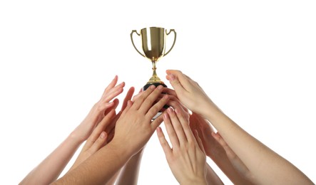 Group of people with golden trophy up on white background, closeup