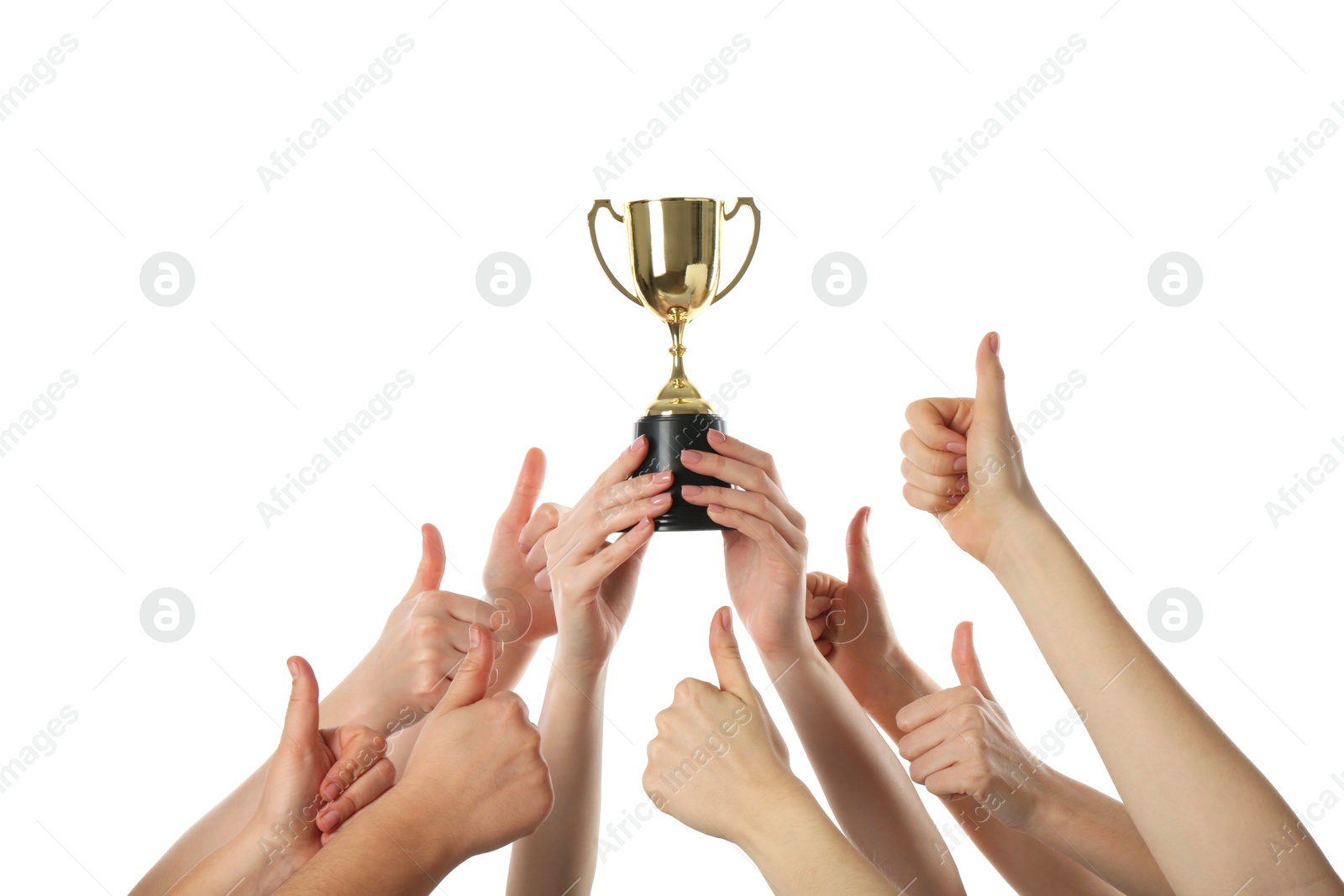 Photo of Group of people with golden trophy showing thumbs up on white background, closeup