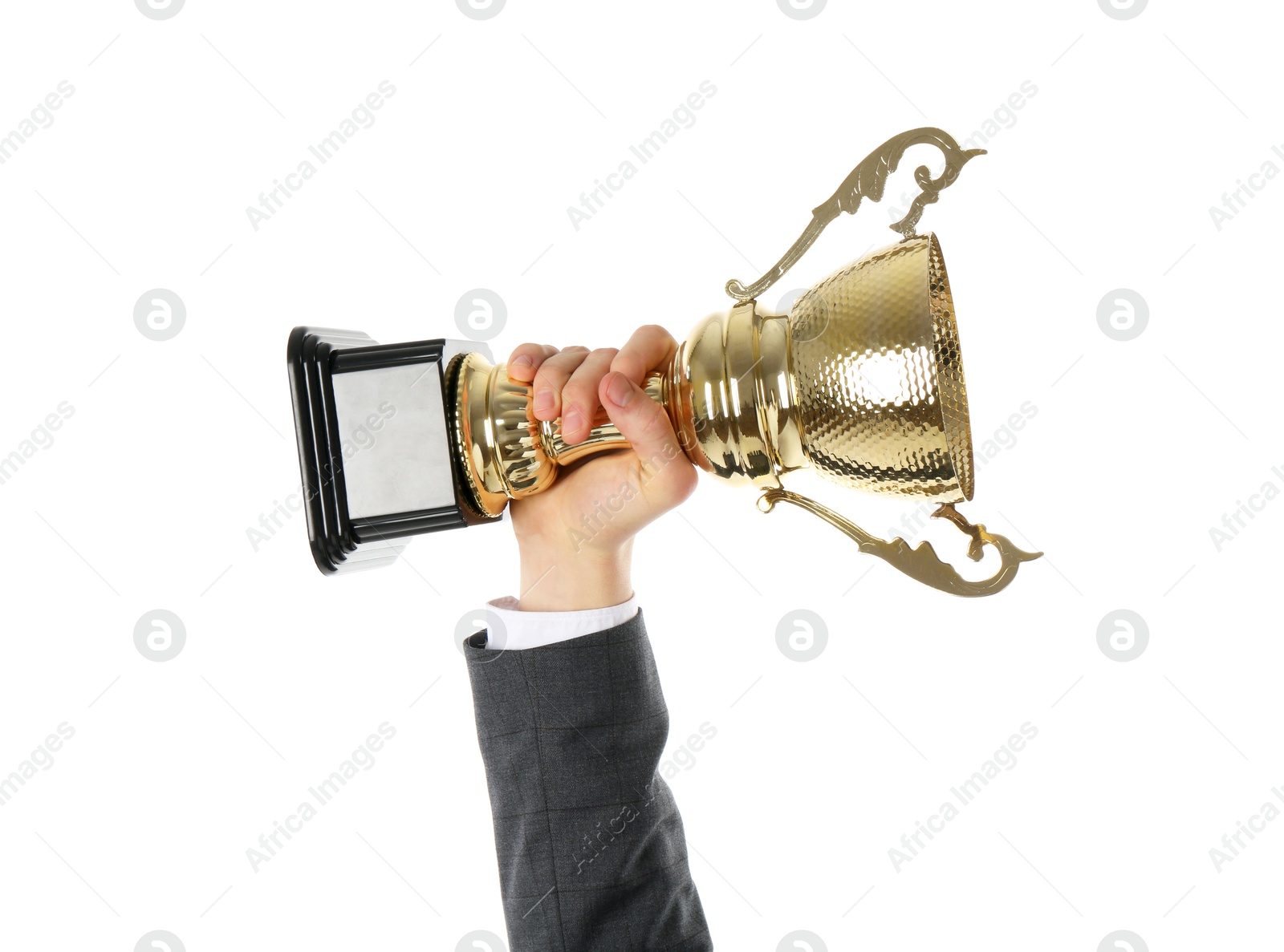 Photo of Man with golden trophy cup on white background, closeup