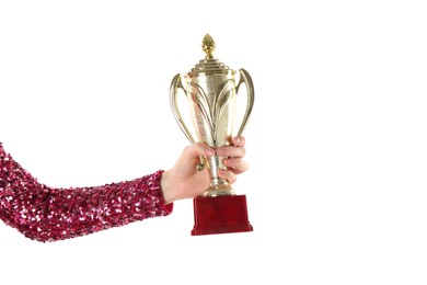 Woman with golden trophy cup on white background, closeup