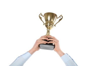 Photo of Man with golden trophy cup on white background, closeup