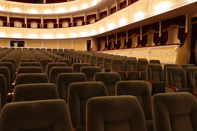 Rows of gray comfortable seats in theatre, closeup