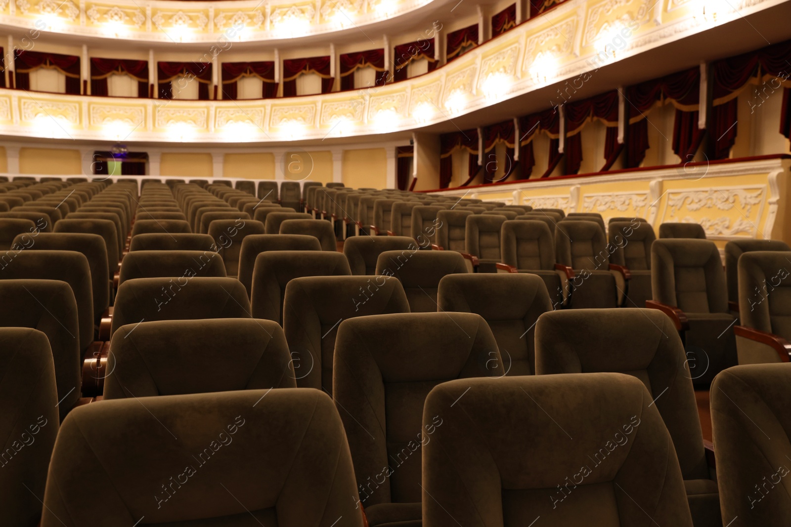 Photo of Rows of gray comfortable seats in theatre, closeup