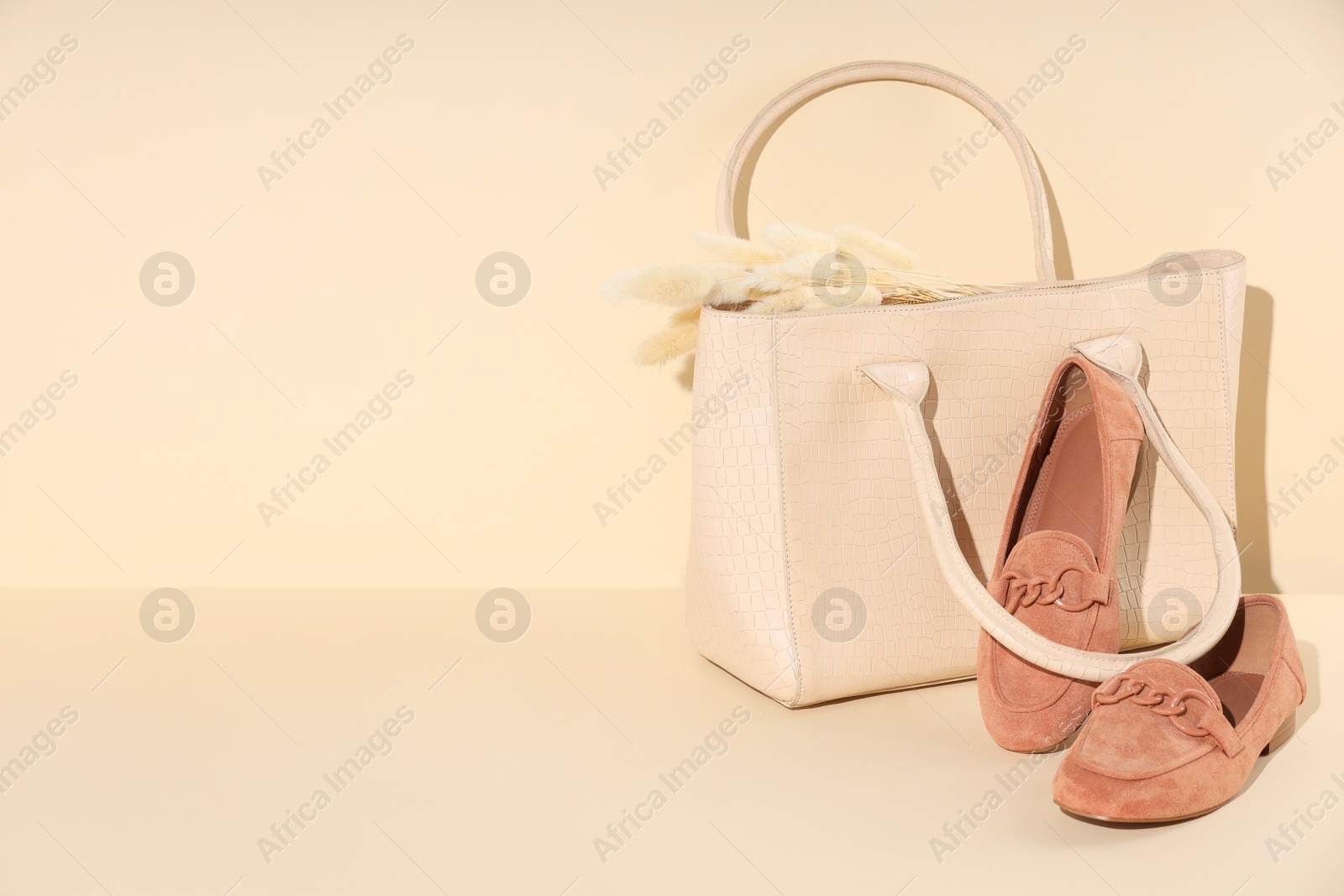 Photo of Bag and shoes on beige background, space for text